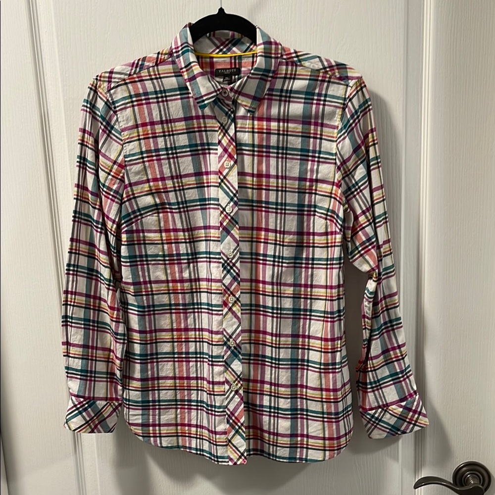 Multicolor Women’s Plaid Shirt. Size MP. Green, yellow, maroon on ivory. EUC.